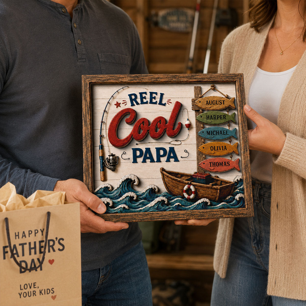 Reel Cool Dad Custom Kids Names Fishing - Personalized Wooden Plaque - Father’s Day Gift For Dad