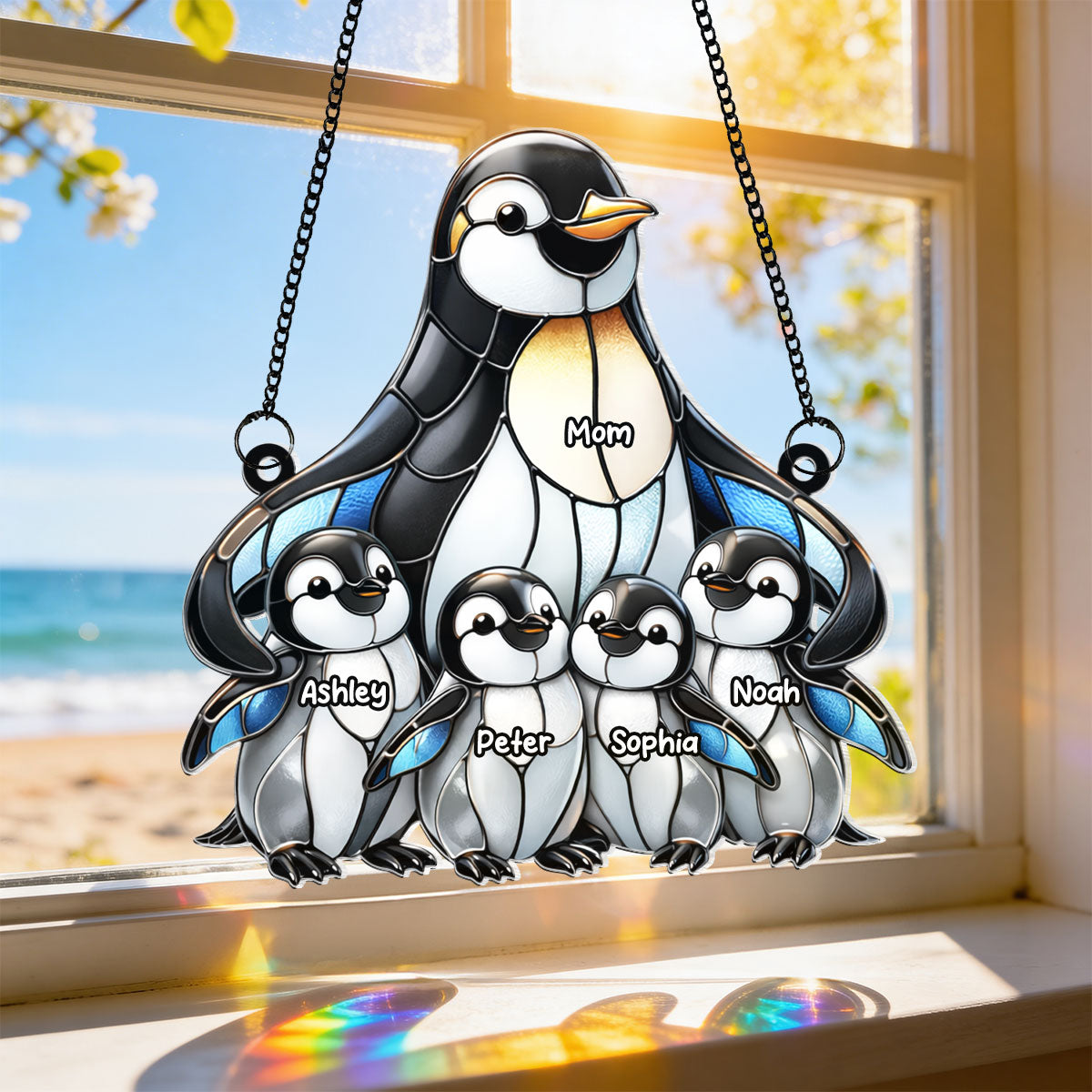 Penguin Mom and Kids - Personalized Acrylic Suncatcher - Mother's Day Gift for Mom, Wife