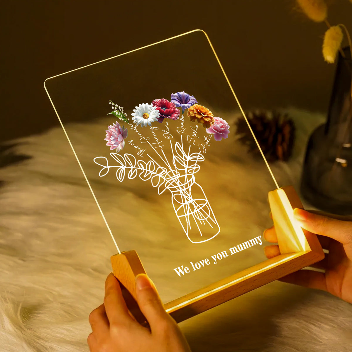 Family Birth Month Flowers Bouquet - Personalized Acrylic Block LED Night Light - Heartfelt Gift For Mom, Grandma
