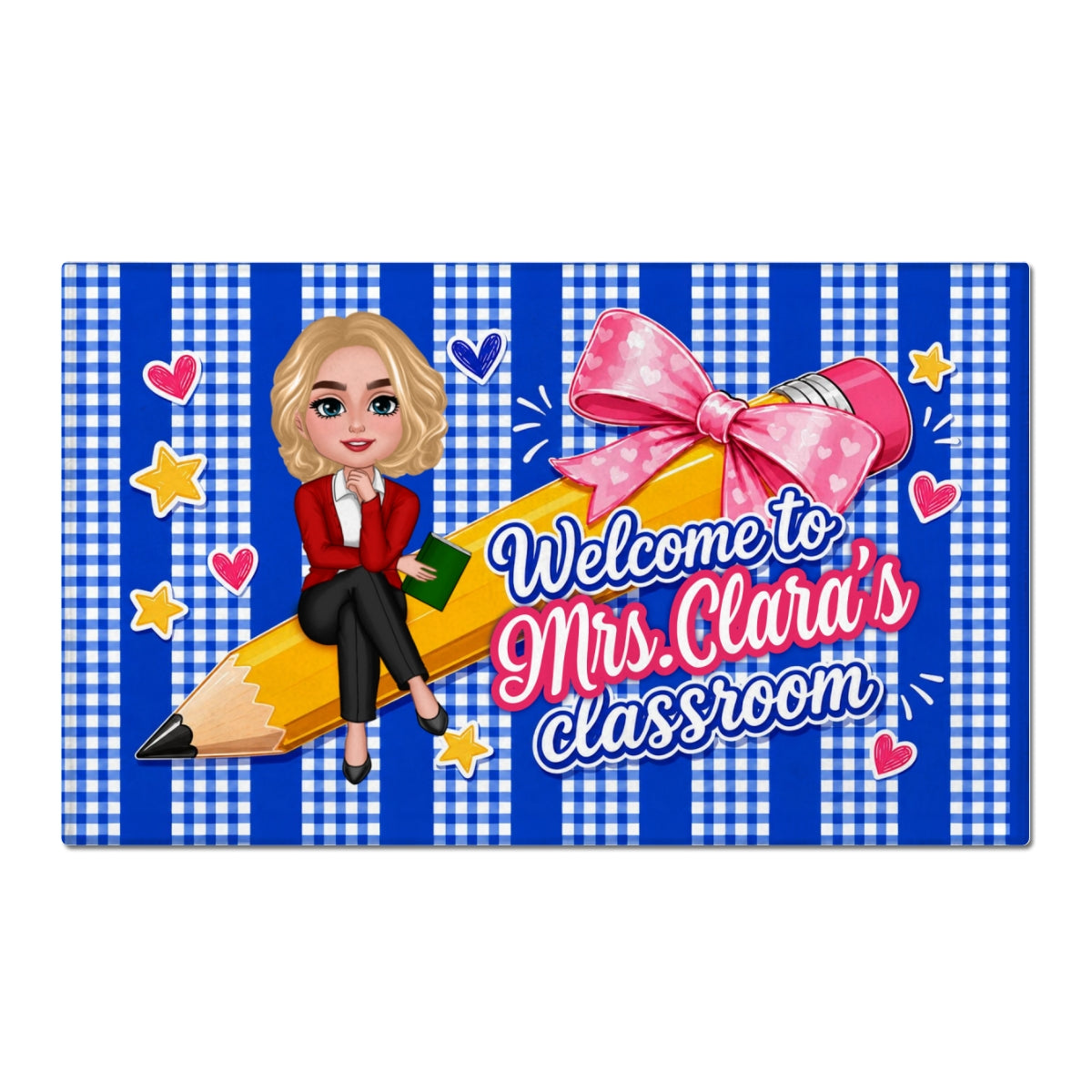 Welcome to Teacher's Classroom Pencil Bow - Personalized Doormat - Back to School Decor for Teacher