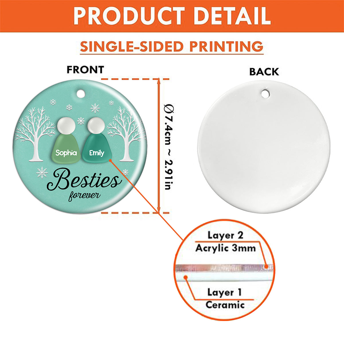 3D Teal Sea Glass Effect Christmas Besties Forever - Personalized Ceramic Ornament With Acrylic Pieces