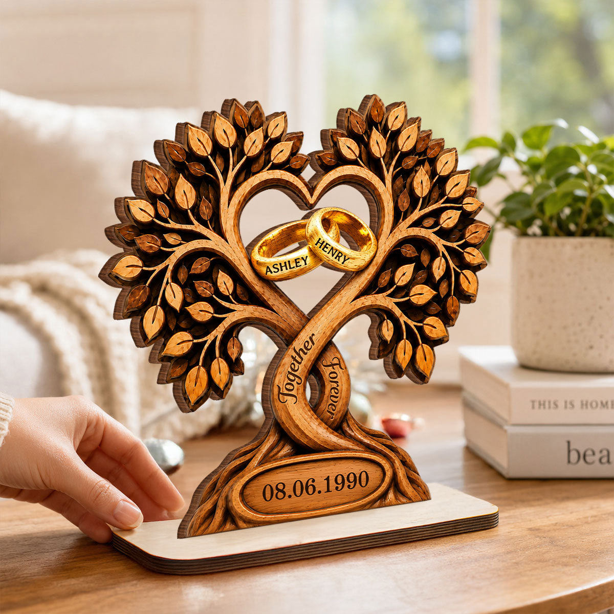 Forever Love Couple Rings In Tree Canopy - Personalized 2-Layered Wooden Plaque - Anniversary Gift, Wedding Gift For Couple