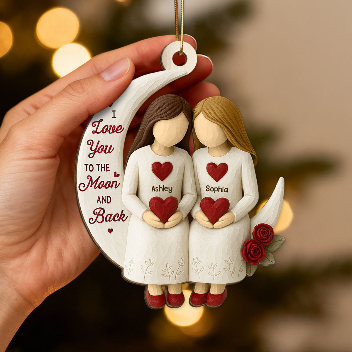 3D Effect Roses Besties On Moon - Personalized Wooden Ornament - Christmas Gift For Best Friends
