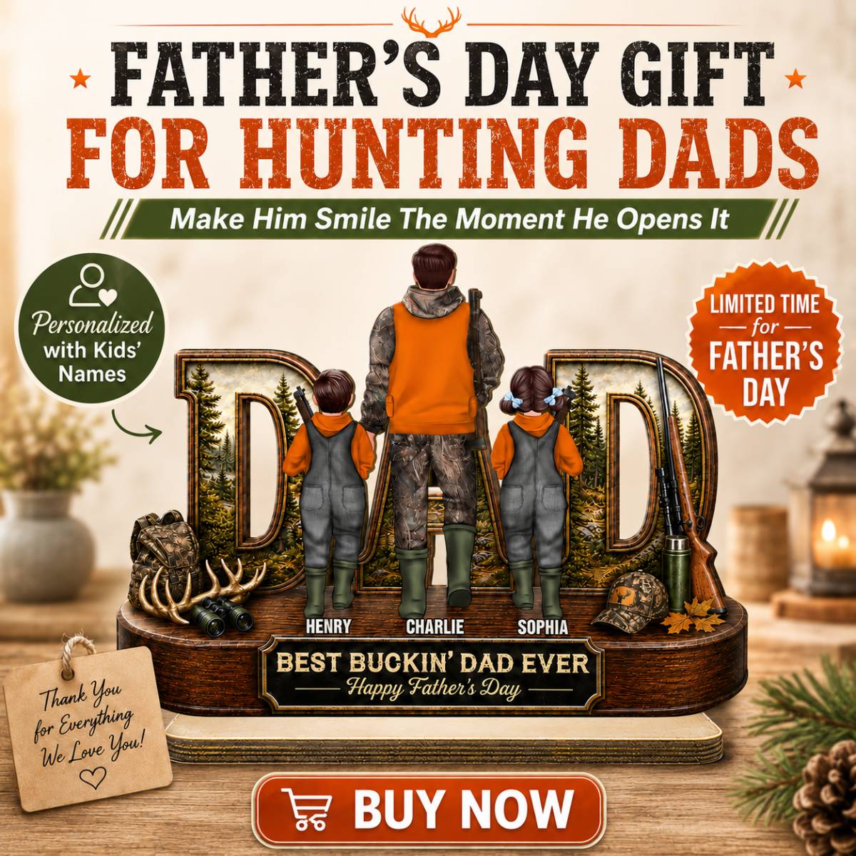 Hunting Dad Best Buckin' Dad Ever - Personalized 2-Layered Wooden Plaque - Unique  Gift For Hunting Dad, Husband