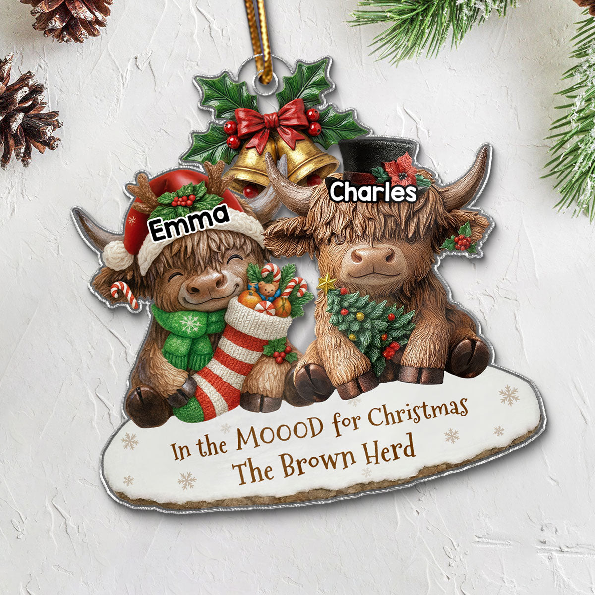 3D Effect Highland Cows Sitting Family Herd In The Moood For Christmas - Personalized Acrylic Ornament