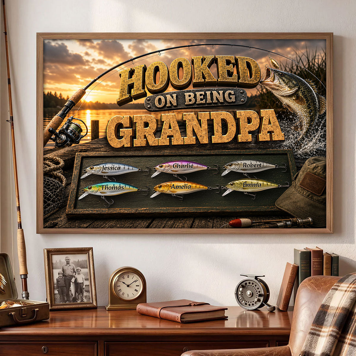 Hooked On Being Grandpa Fishing - Personalized Poster - Father's Day Gift For Dad, Grandpa