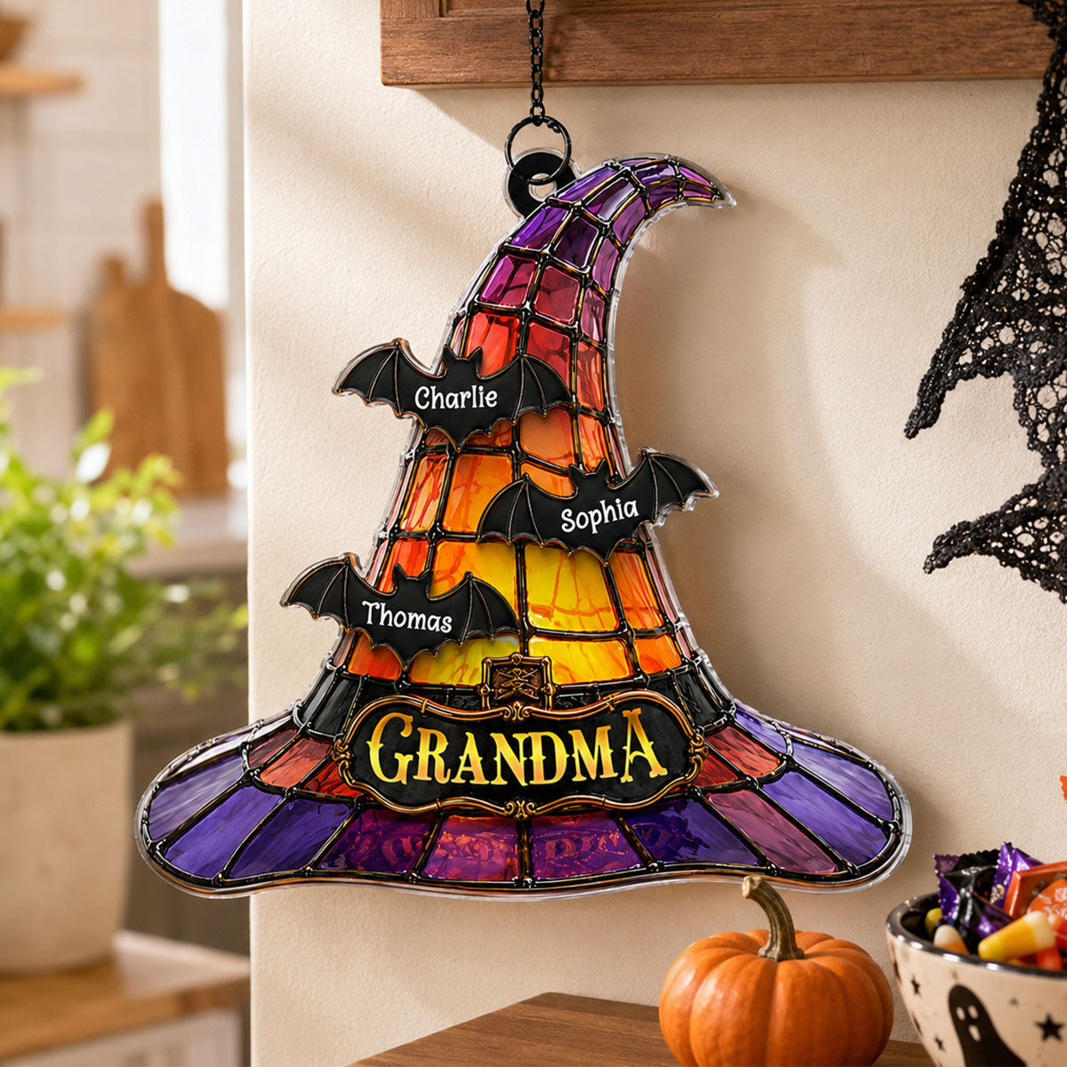 Grandma Witch Hat - Personalized Acrylic Suncatcher - Halloween Decor for Grandma