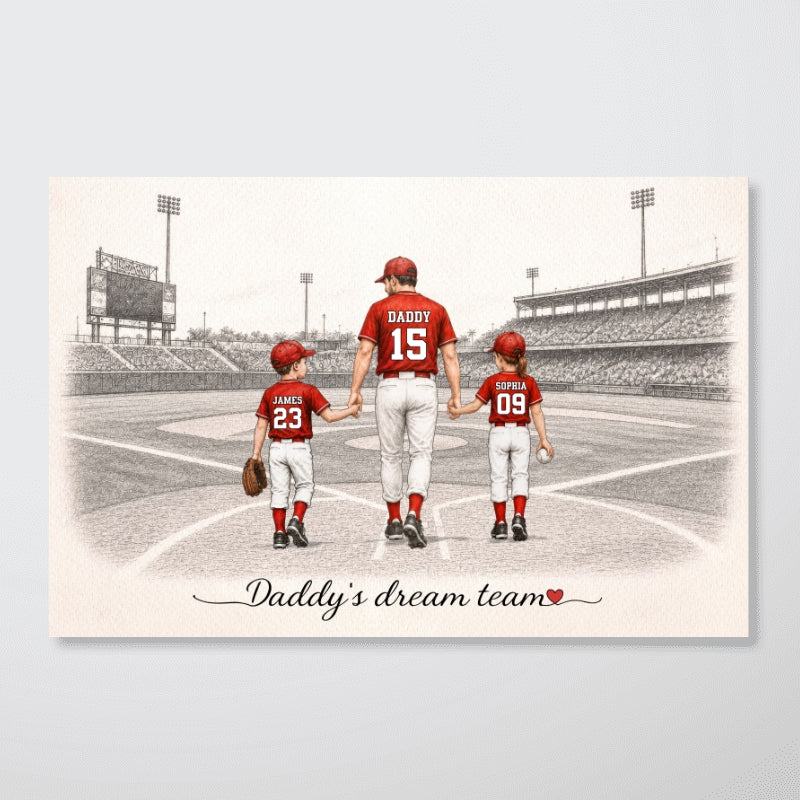 Vintage Baseball Dad And Kids Walking - Personalized Poster - Father's Day gift for Dad, Husband