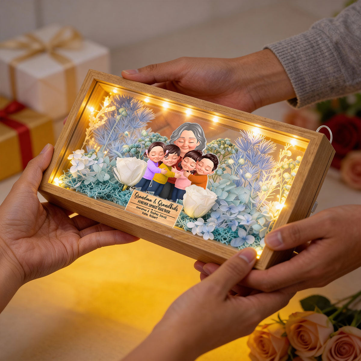 Grandma And Grandkids Forever Linked Together - Personalized DIY Flower Shadow Box LED Night Light - Gift For Grandma