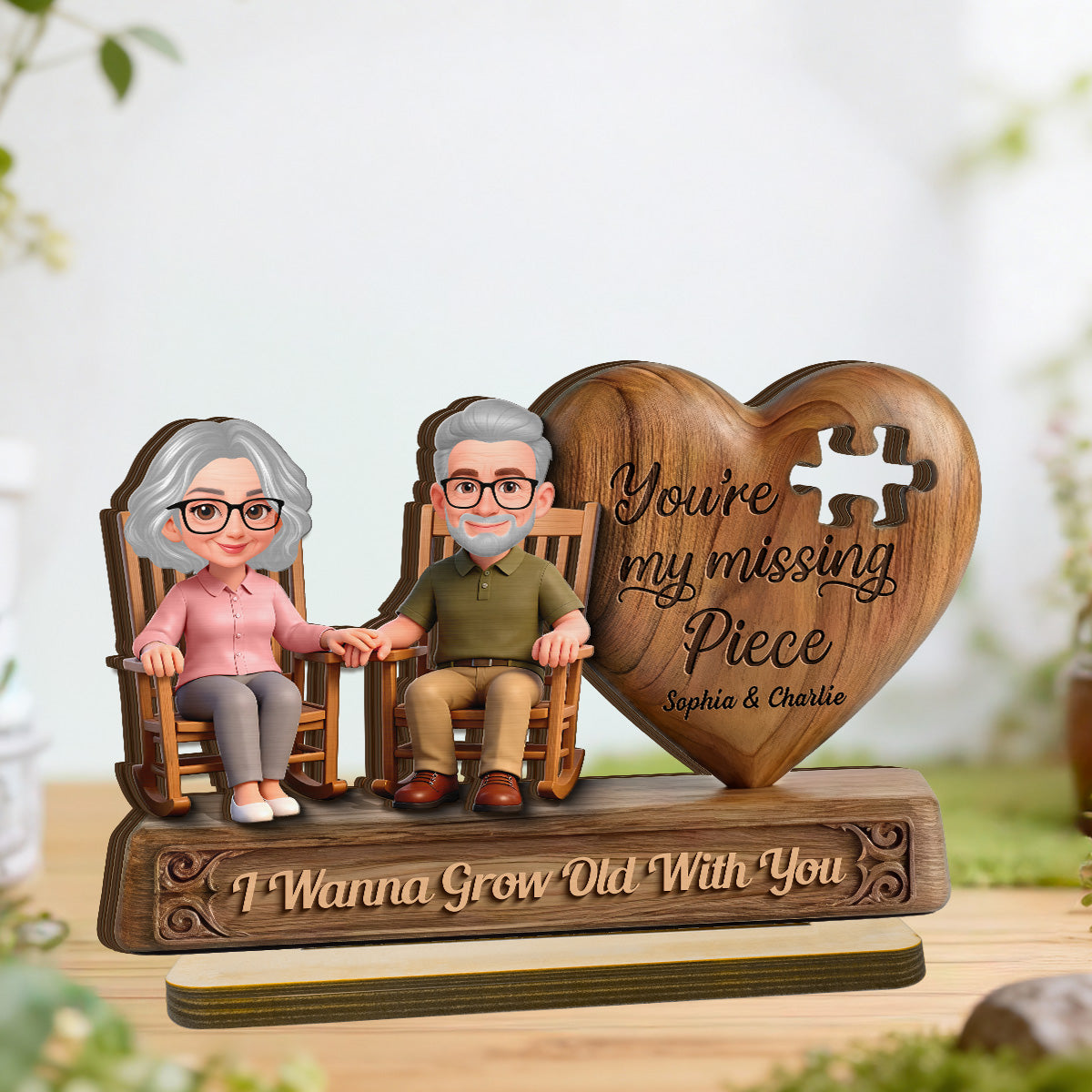 3D Effect Old Couple Sitting On Rocking Chair My Missing Piece - Personalized 2-Layered Wooden Plaque