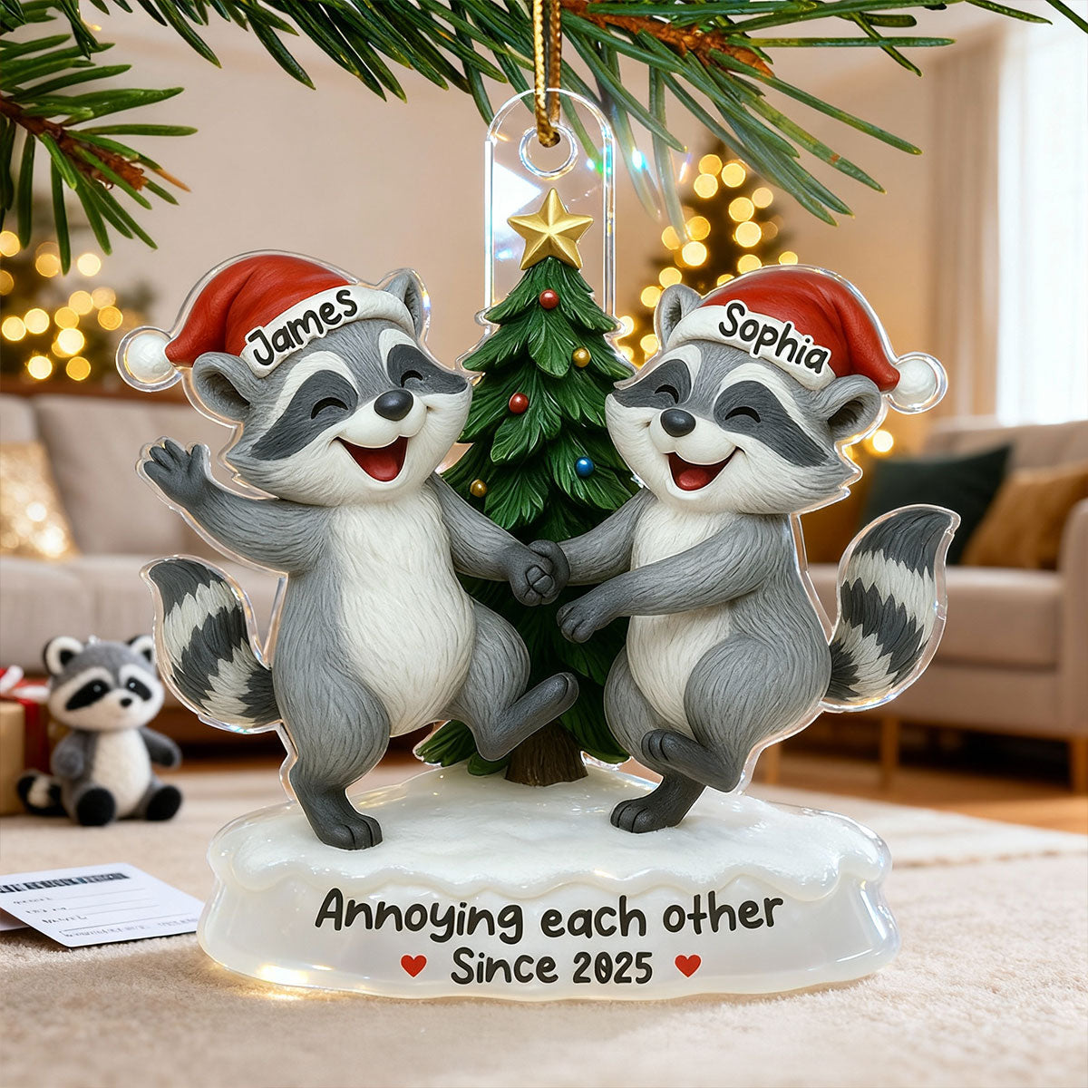 3D Effect Raccoon Couple Annoying Each Other - Personalized Acrylic Ornament - Funny Gift For Couple, Gag Gift