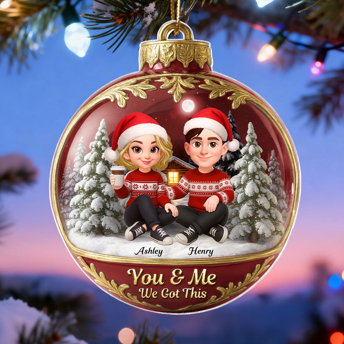 3D Effect Snow Globe Couple - Personalized Acrylic Ornament - Christmas Gift for him, Gift for her
