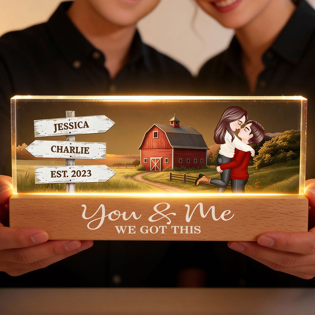 Rustic Nostalgia Red Barn House Sign Posts Couple Hugging Kissing Farmhouse Decor - Personalized Acrylic Block Plaque LED Night Light - Heartfelt Valentine, Anniversary Gift For Him, For Her