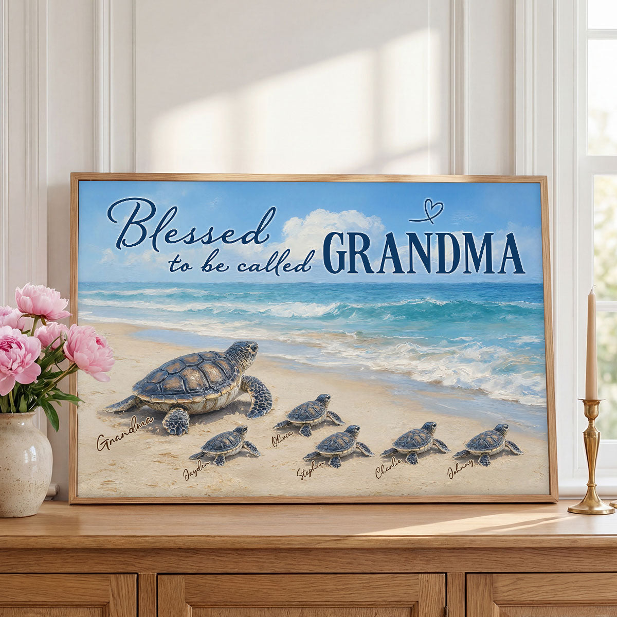 Grandma Turtle's Little Grandkids by the Shore - Personalized Poster - Mother's Day Gift For Mom, Grandma