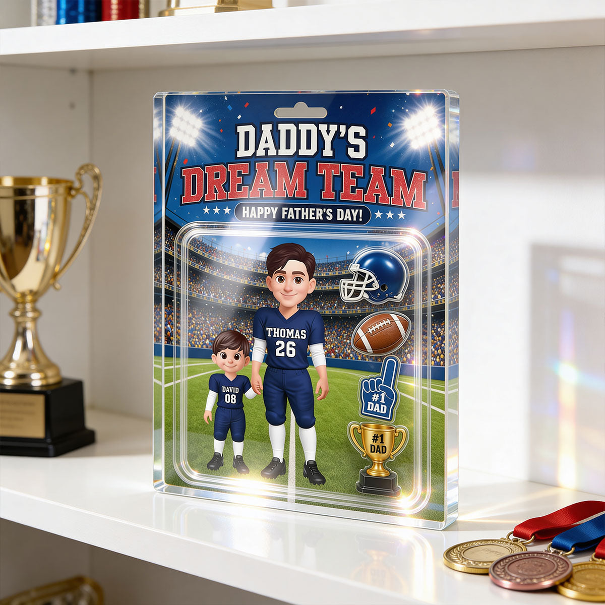American Football Dad Daddy's Dream Team - Personalized Acrylic Block Plaque -  Gift For Football Dad, Husband