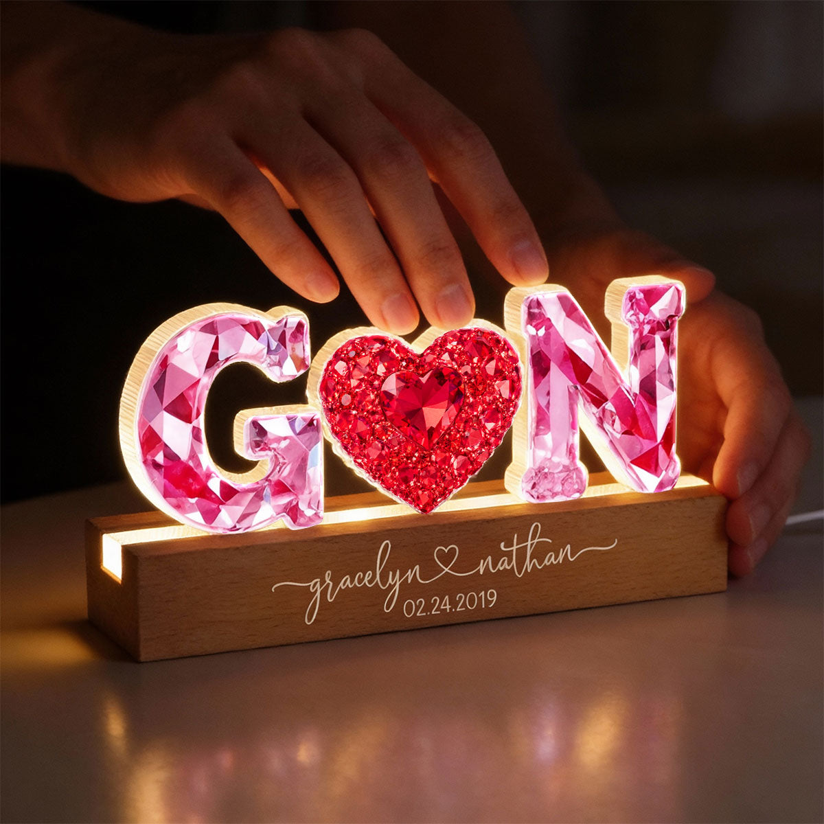 Couple Love Initial - Personalized Acrylic Block LED Night Light - Heartfelt Anniversary, Valentine's Day Gift for her, for him