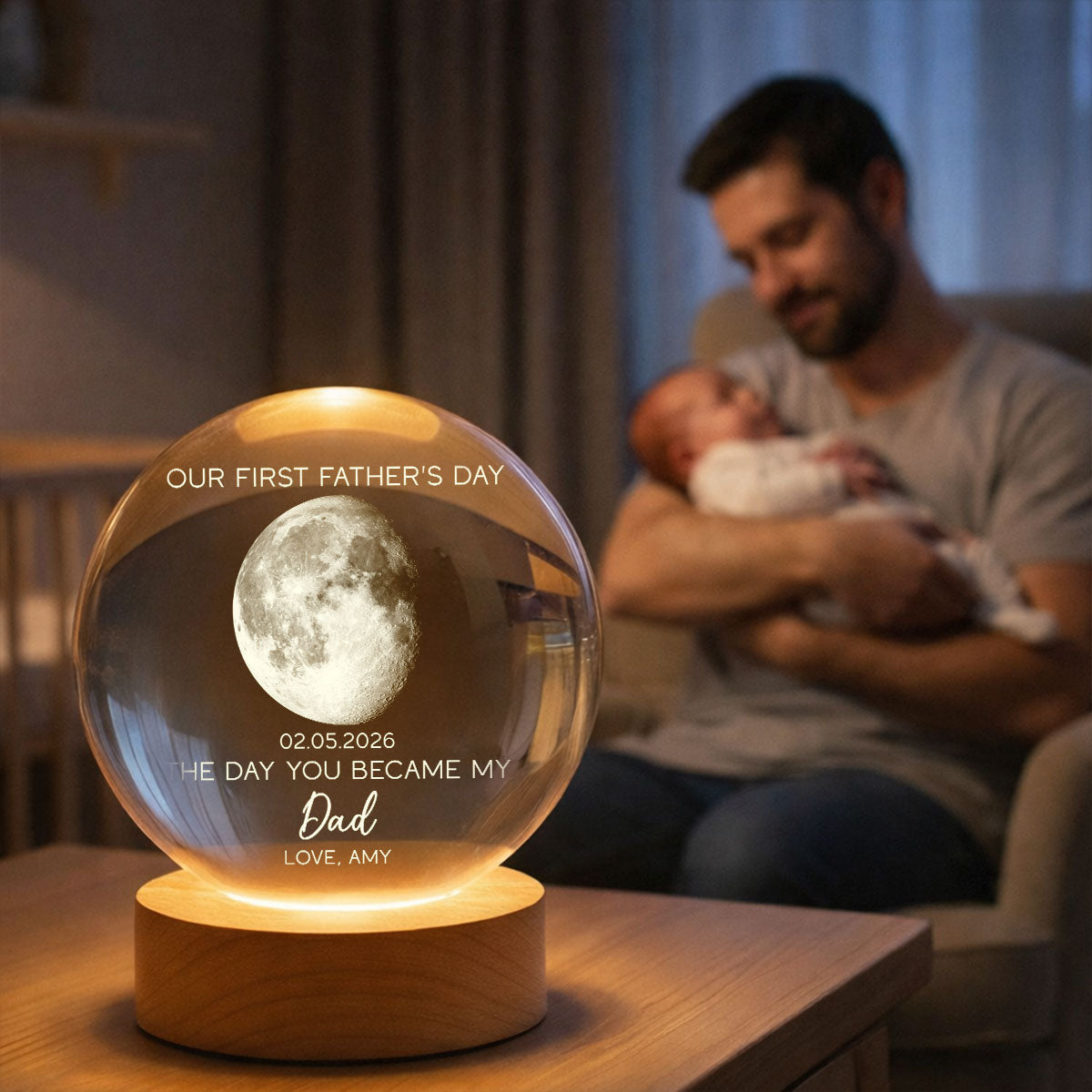 The Day You Became My Dad Custom Moon Phase First  - Personalized Crystal Ball LED Night Light - First  Gift For New Dad