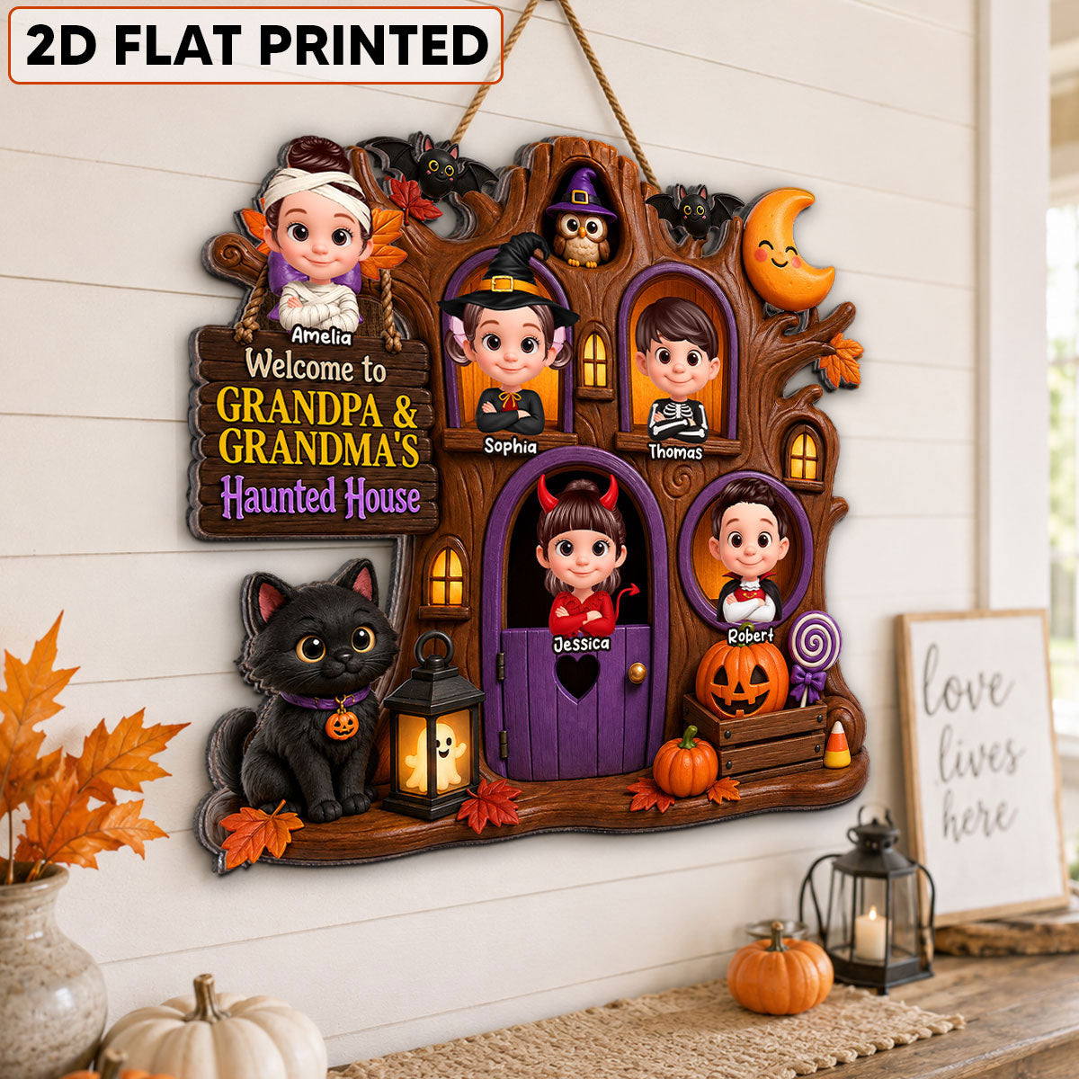 Cute Kids Welcome To Grandma Grandpa Haunted House - Personalized Wood Sign - Halloween Decoration For Grandparents