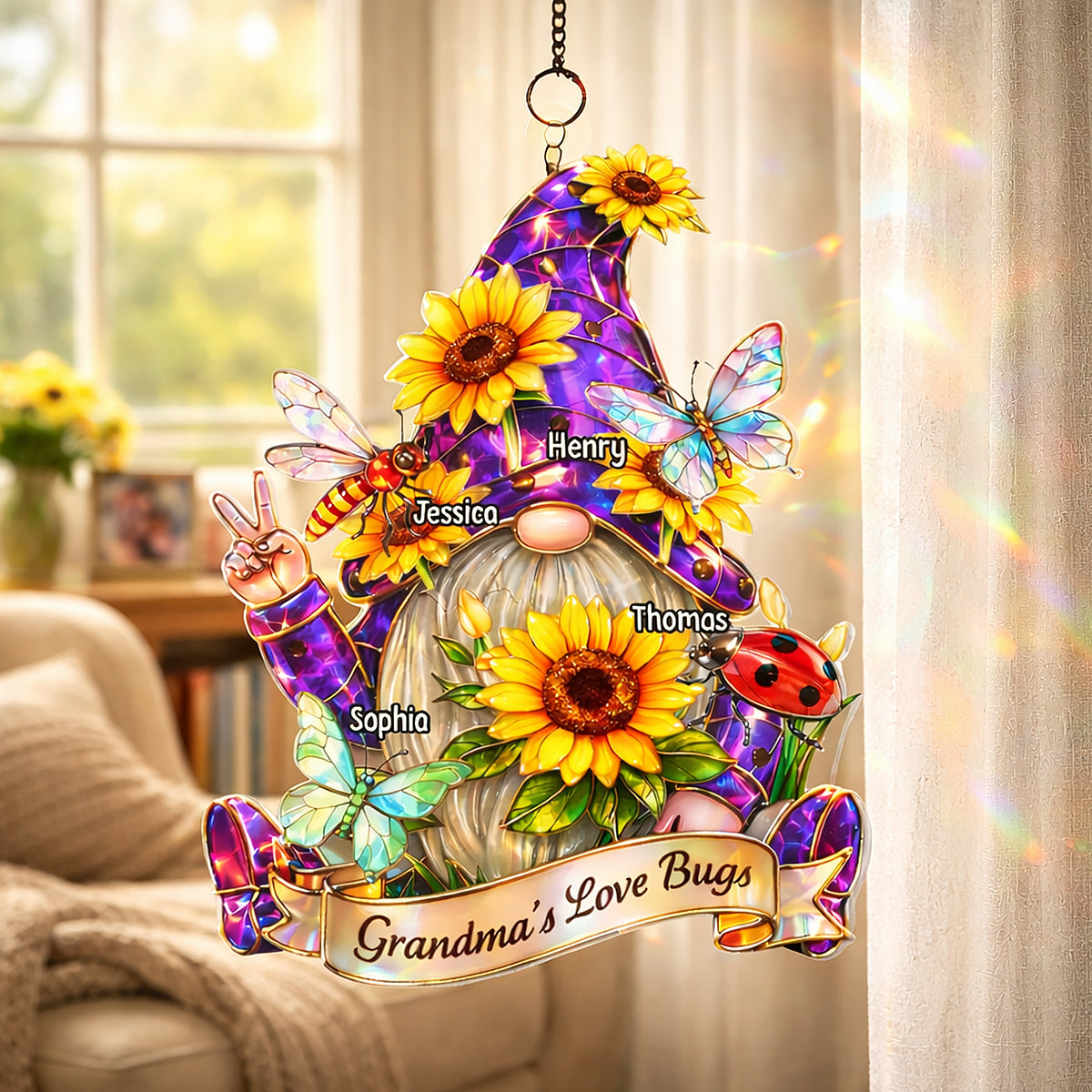 Grandma Love's Bugs Gnome - Personalized Suncatcher Ornament - Heartfelt Mother's Day Gift for Grandma