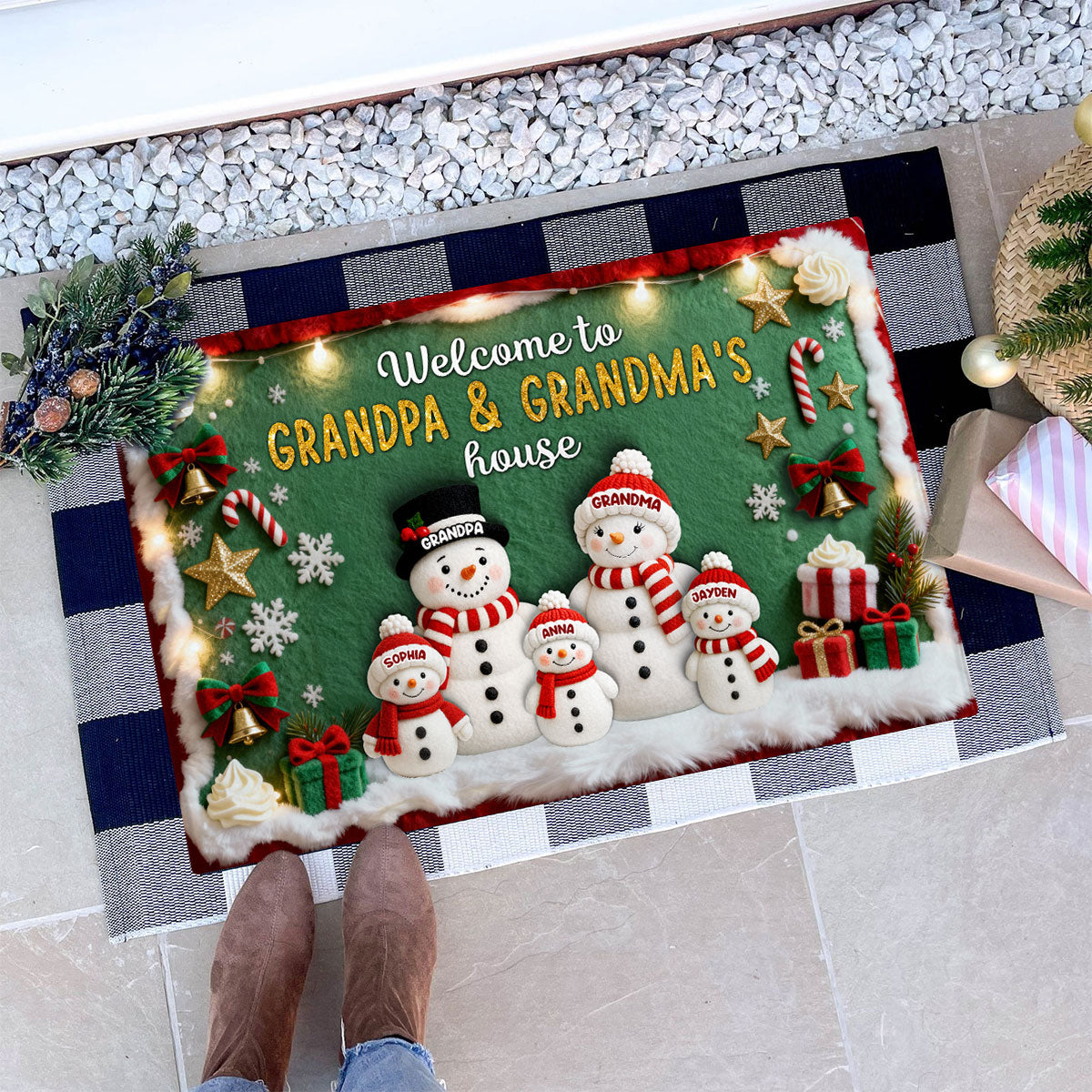 3D Effect Festive Christmas Snowman Welcome To Grandma Grandpa House - Personalized Doormat - Gift For Grandparents