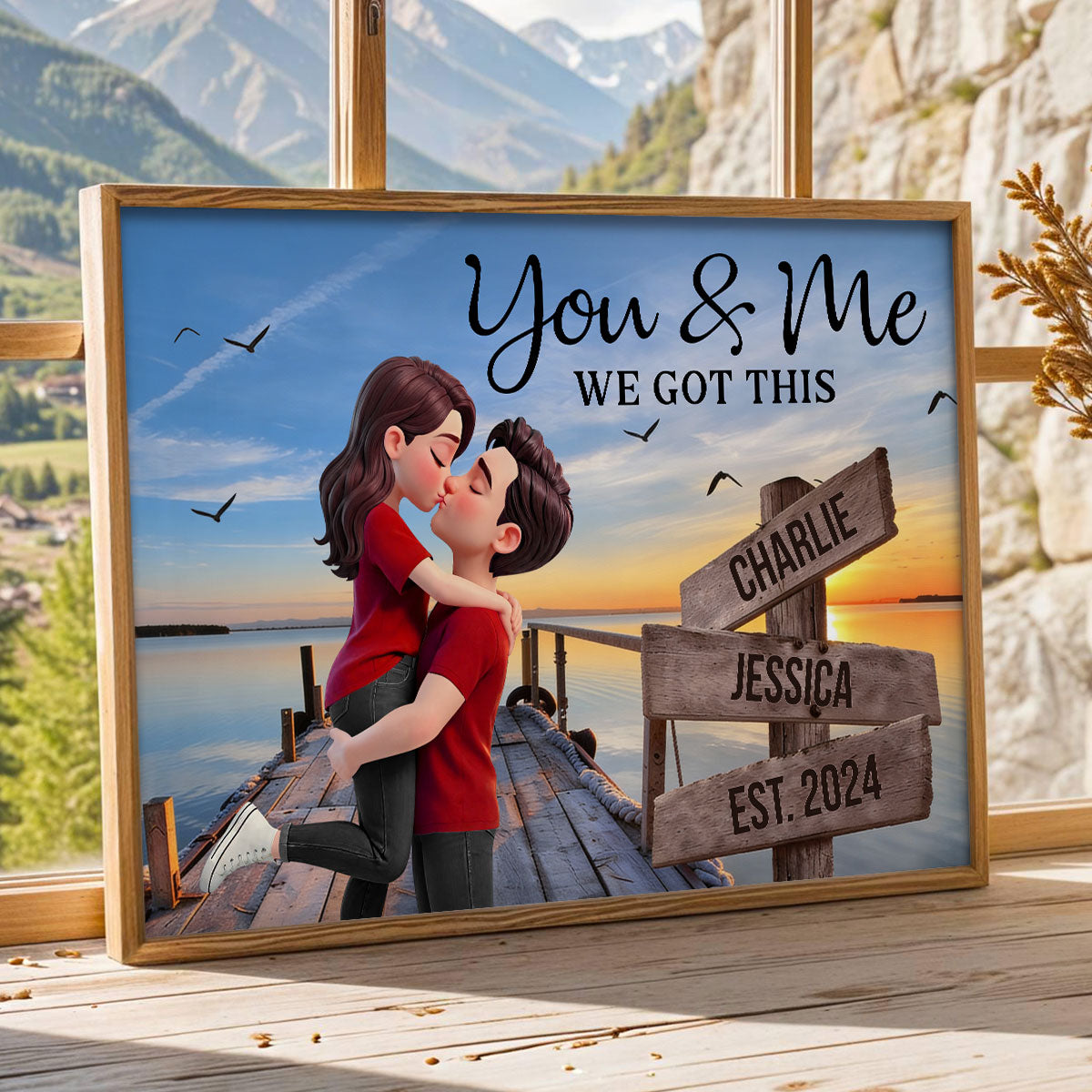 Eternal Love Couple Sitting At Lake Dock Sign Posts - Personalized Poster - Heartfelt Valentine, Anniversary Gift For Him, For Her