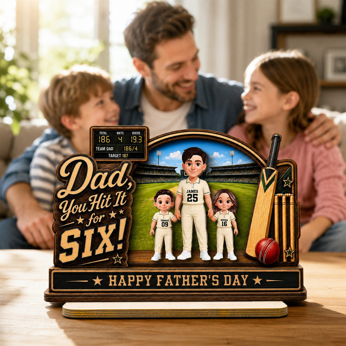Hit A Six With The Best Dad Cricket Dad & Kids On Court - Personalised 2-Layered Wooden Plaque -  Gift For Husband, Dad