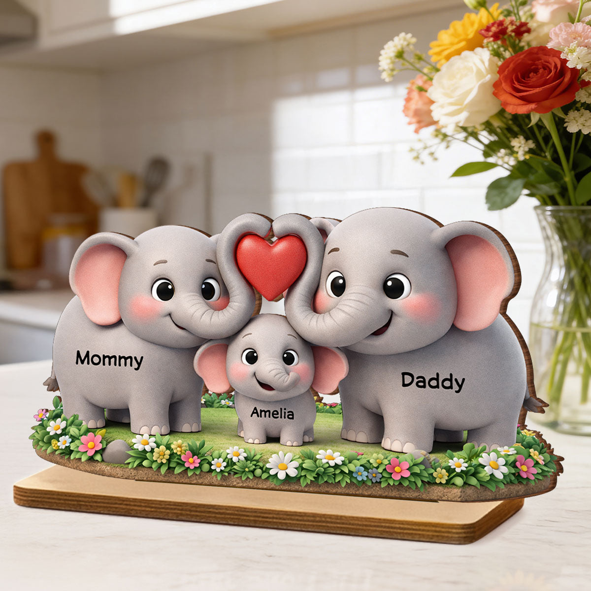 Elephant Mom Dad Family - Personalized 2-Layered Wooden Plaque - Heartfelt Mother's Day Gift for Mom