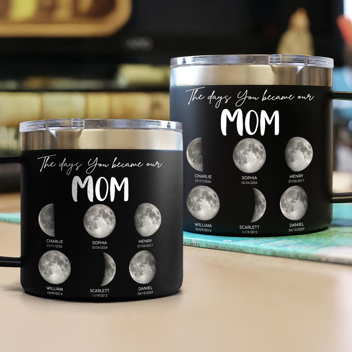 The Days You Became Our Mom Grandma Custom Birth Moon Phase - Personalized Tumbler With Handle - Mother's Day Gift For Mom, Grandma