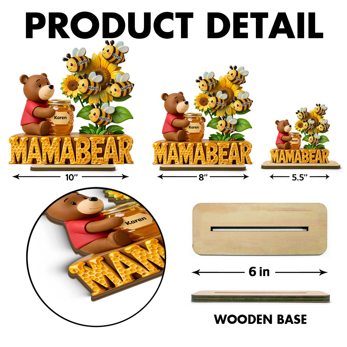 Mama Bear And Little Bees - Personalized 2-Layered Wooden Plaque - Heartfelt Gift For Mom, Grandma