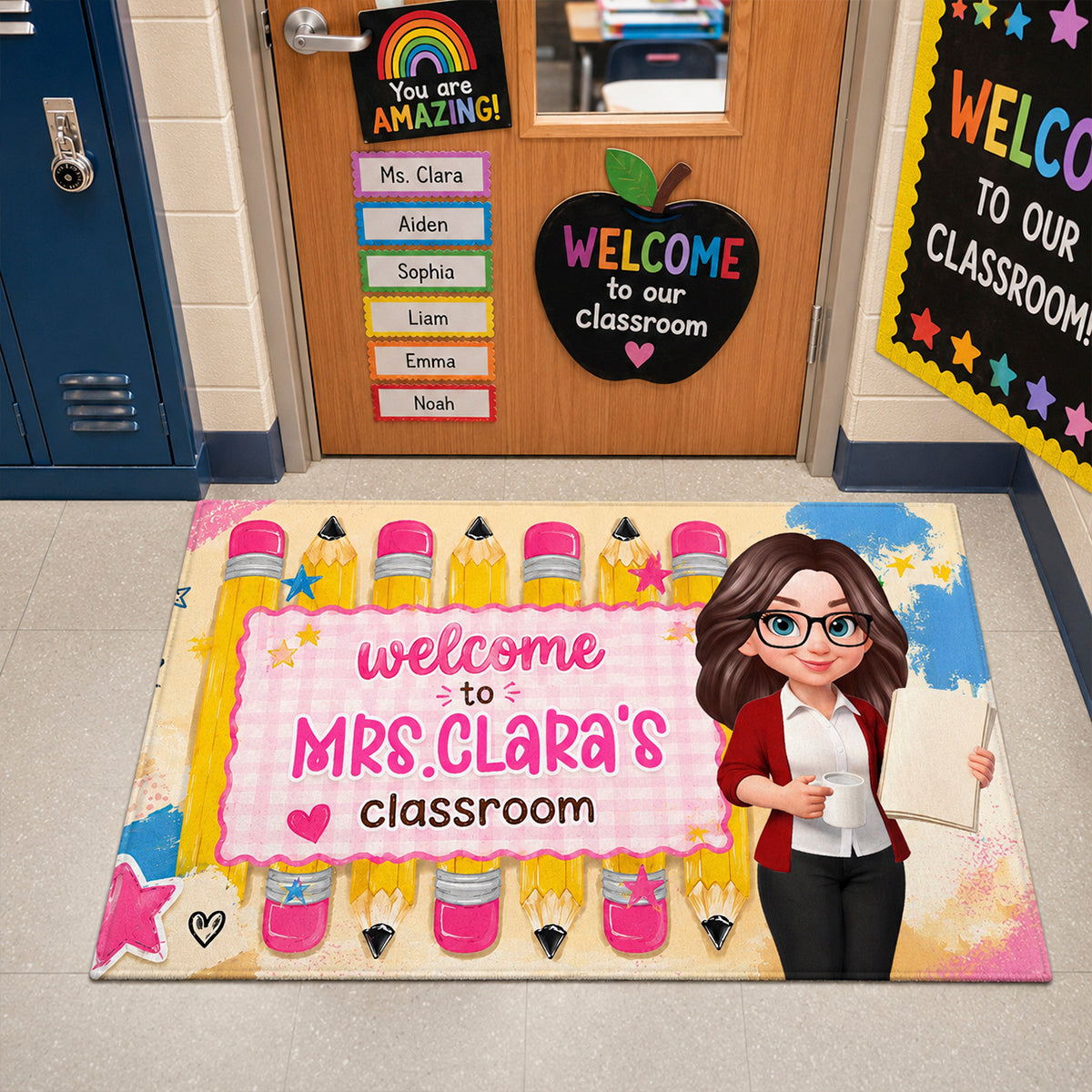 Pastel Pencil Teacher Welcome To Classroom - Personalized Doormat - Back To School Gift For Teachers, Classroom Decors