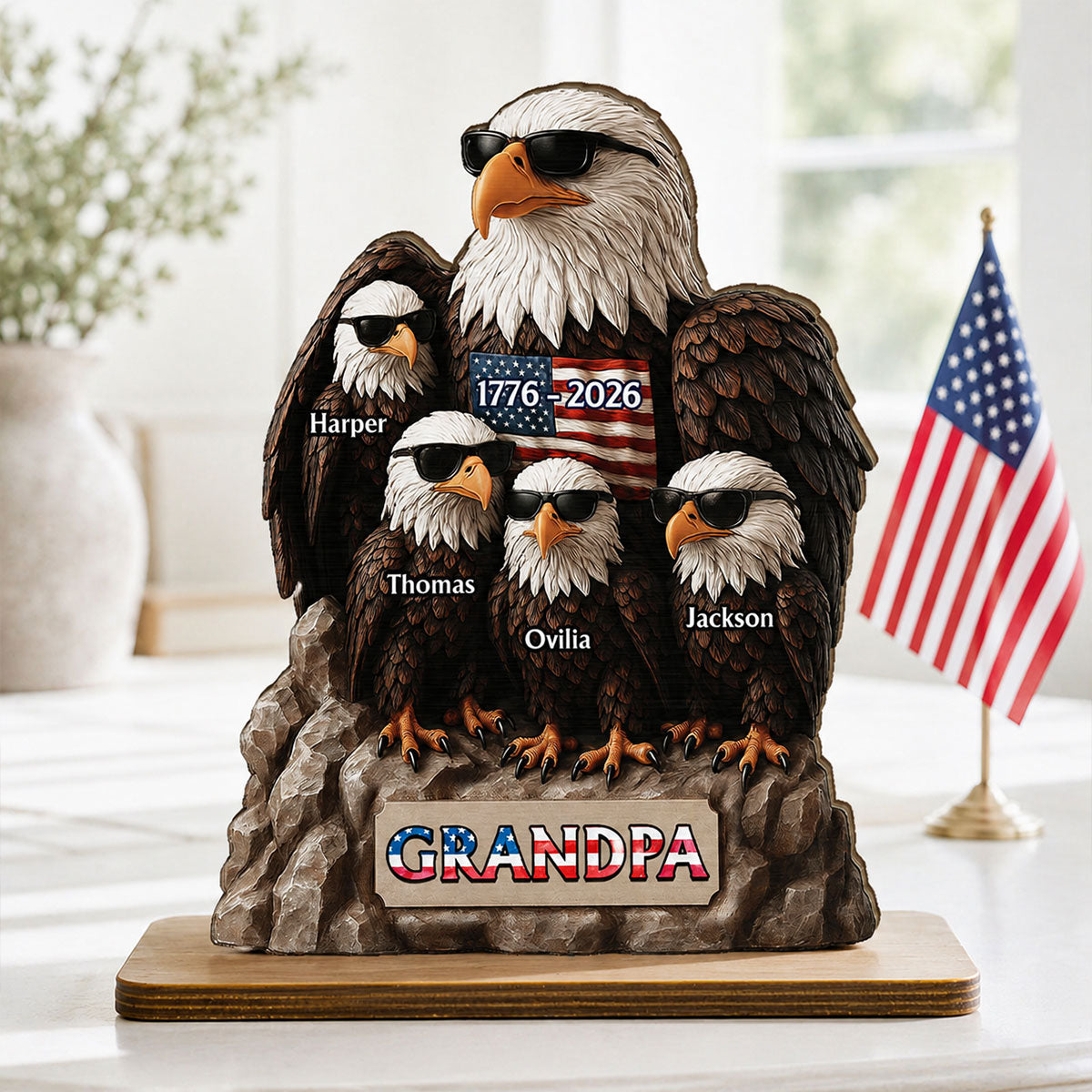 America 250th Anniversary Patriotic Eagle Grandpa Dad & Kids - Personalized 2-Layered Wooden Plaque -  Gift, 250th Anniversary Gift, Keepsake For Grandpa, Dad