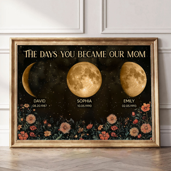 Vintage Flowers The Day You Become Mum Mom Grandma Custom Title And Nickname And Birth Moon Phase - Personalised Poster - Mother's Day Gift For Mum, Grandma