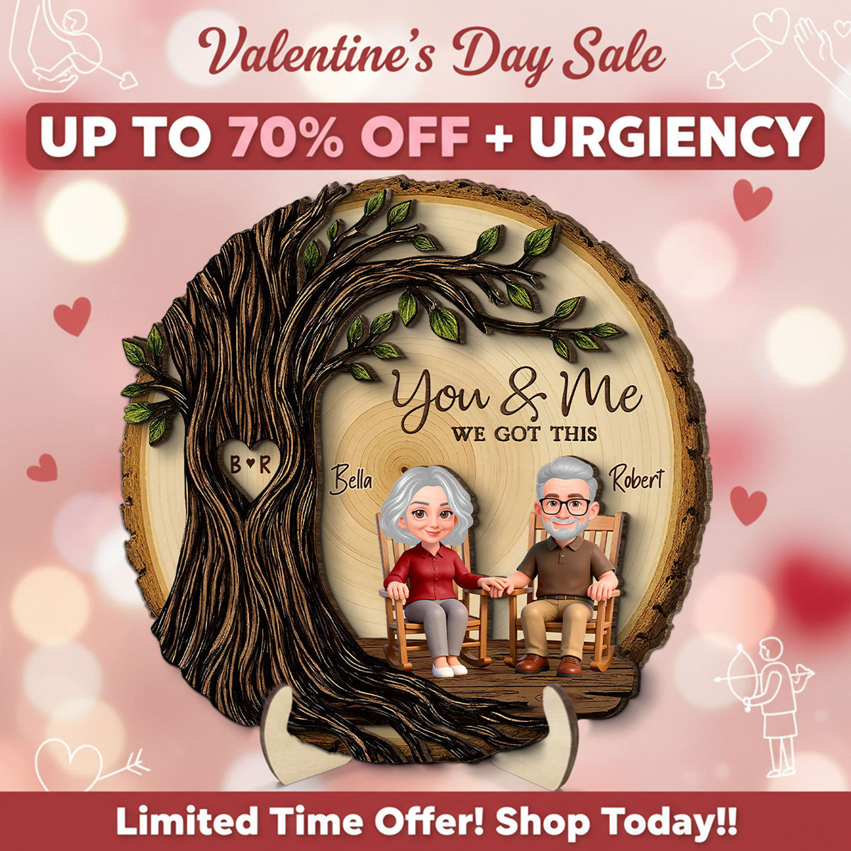 Old Couple Rocking Chair Under Heart Carved Tree - Personalized 2-Layered Wooden Plaque - Valentine's Day Gift For Couple