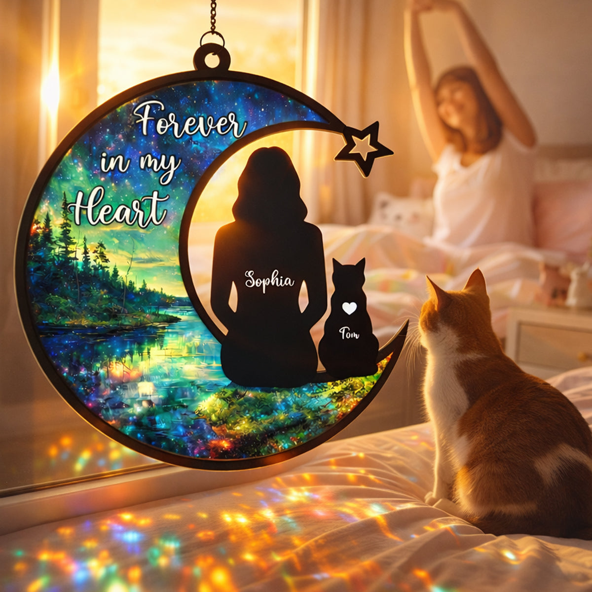 Cat Memorial Forever In My Heart - Personalized Stained Glass Suncatcher Ornament - Gift For Cat Lovers, Cat Mom
