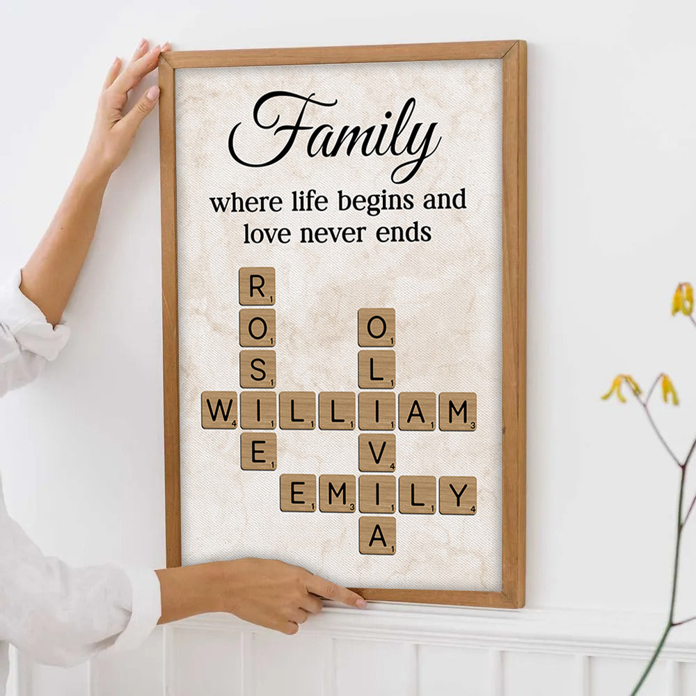 Family Where Life Begins and Love Never Ends Crossword - Personalised Poster - Sentimental Gift for Loved Ones