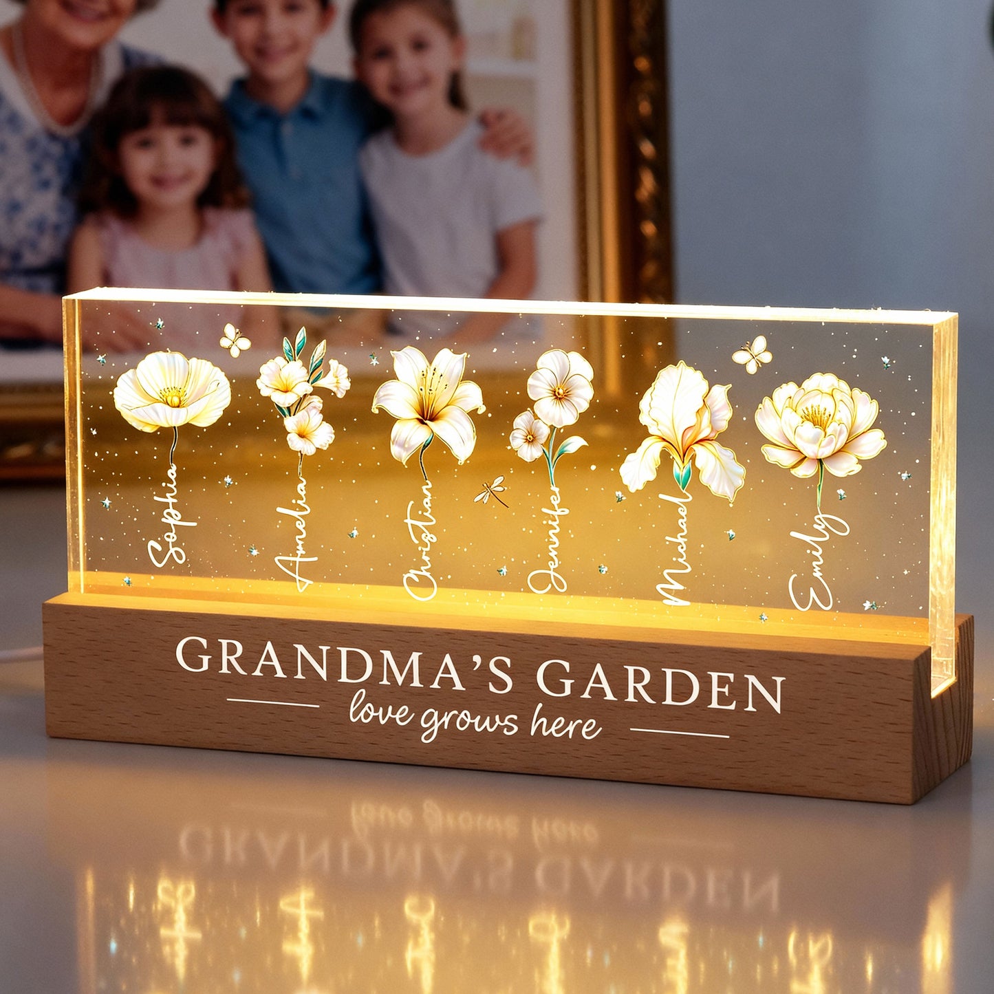 Grandma's Garden 3D Effect Birth Month Flowers - Personalized Acrylic Block LED Night Light - Gift For Grandma