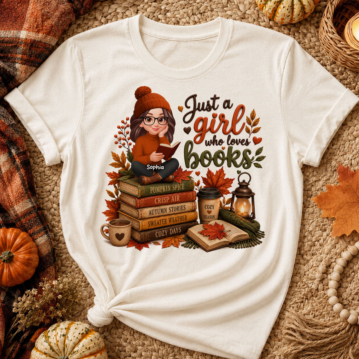 Cozy Autumn Girl Who Loves Books - Personalized Shirt - Fall Season Gift, Gift For Book Lovers