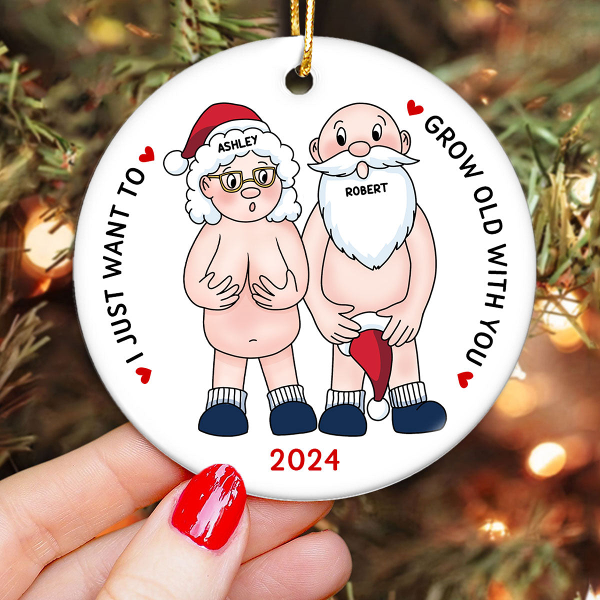 Funny Old Couple Personalized Circle Ceramic Ornament Christmas Gift for Him for Her