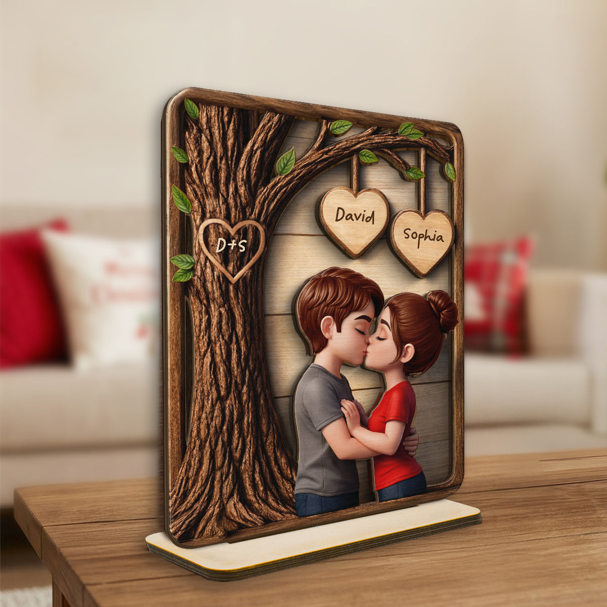 Loving Couple Kissing Under Tree - Personalized 2-Layered Wooden Plaque - Sentimental Valentine's Day Gift for Her, for Him