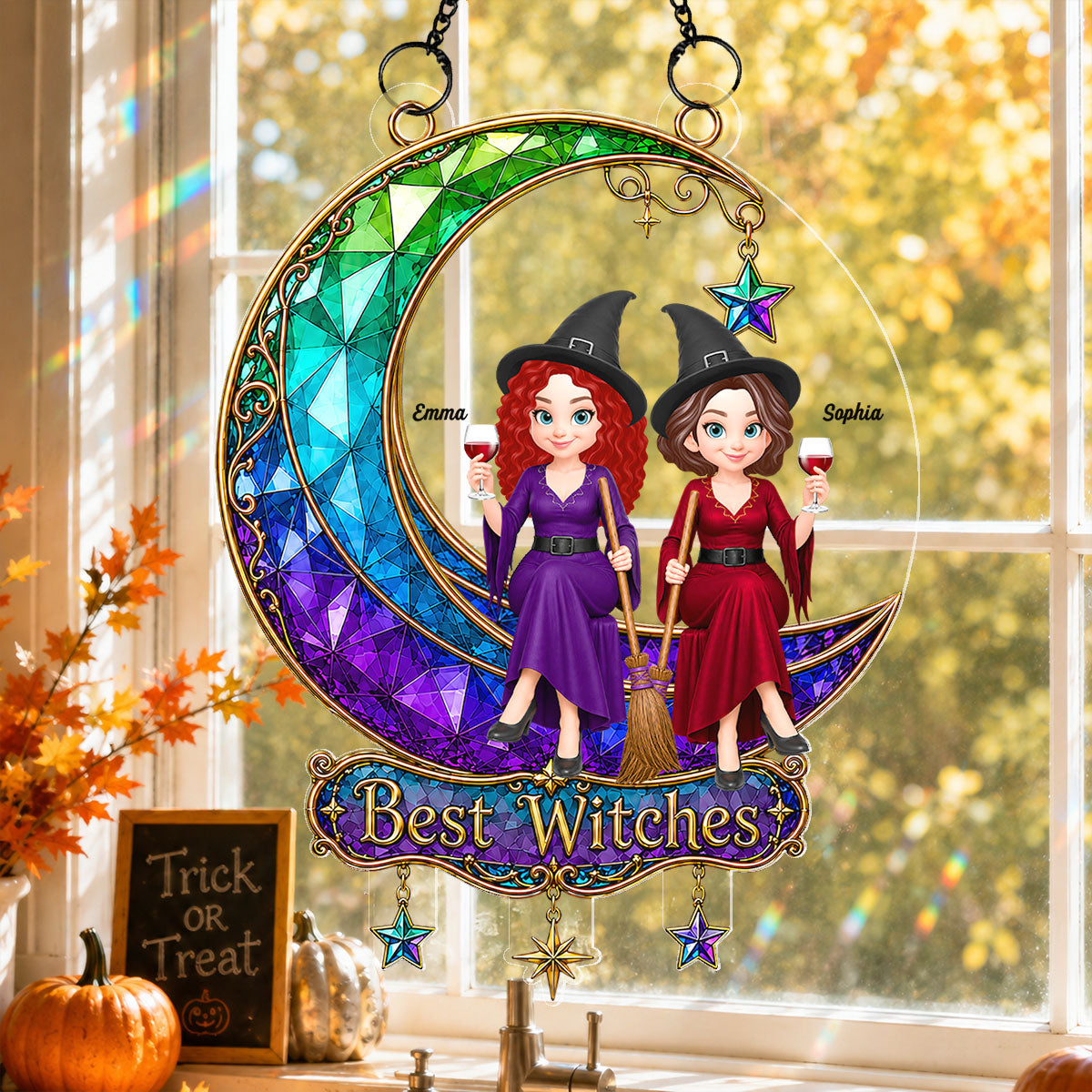Beautiful Witches Sitting On Moon - Personalized Acrylic Window Hanging - Halloween Decoration For Besties, Girls