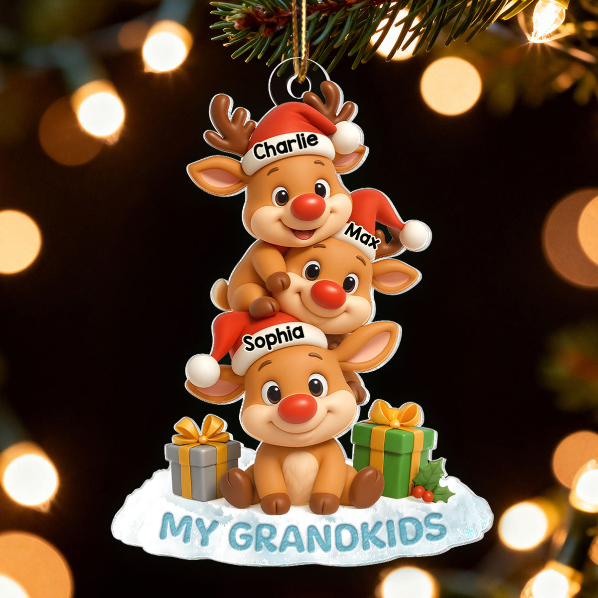 Cute Reindeer Grandkids - Personalized Acrylic Ornament - Christmas Gift for Grandma