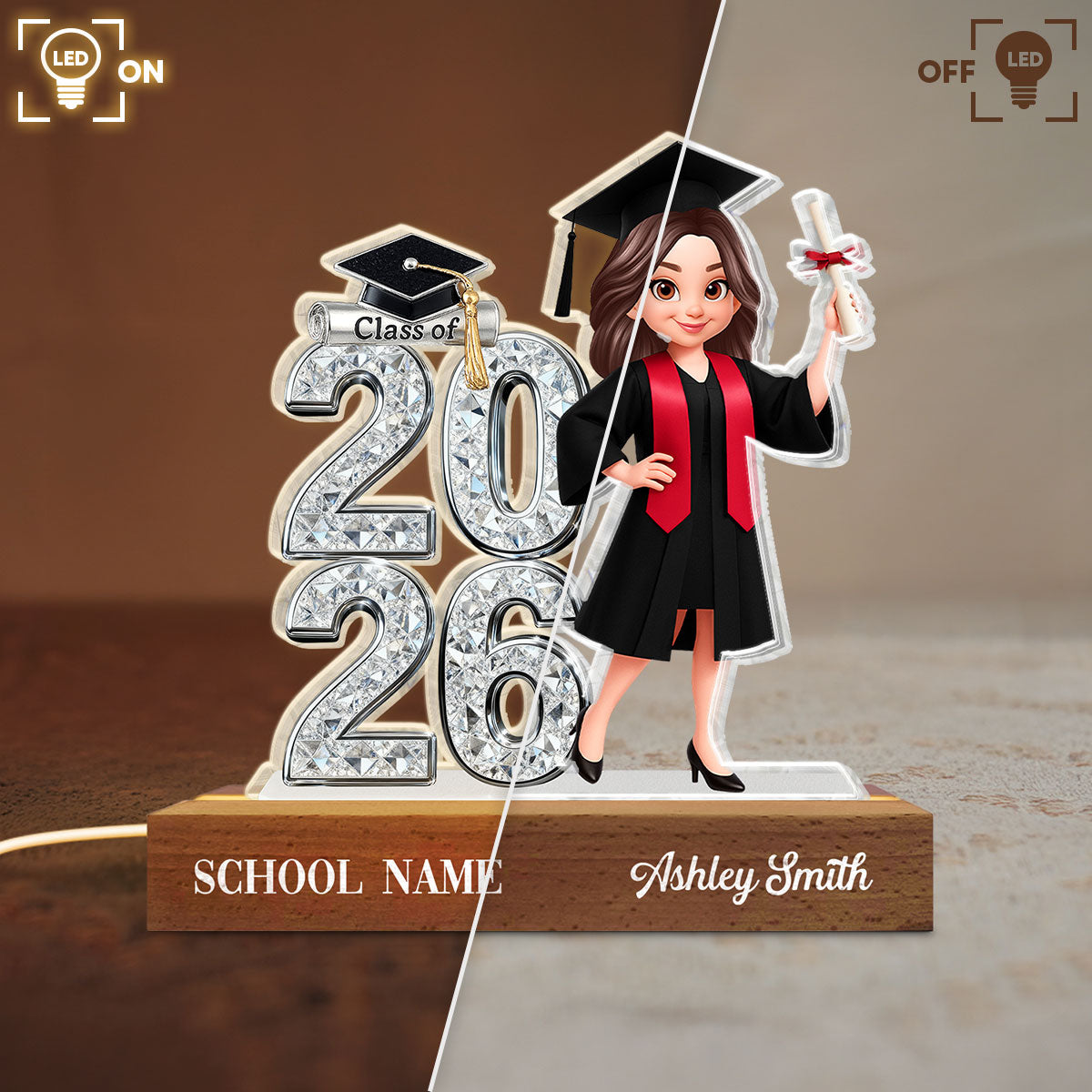 Class Of 2026 2027 Shiny Effect 2D Flat - Personalized Acrylic Block LED Night Light - Graduation Gift For Graduates, Daughter