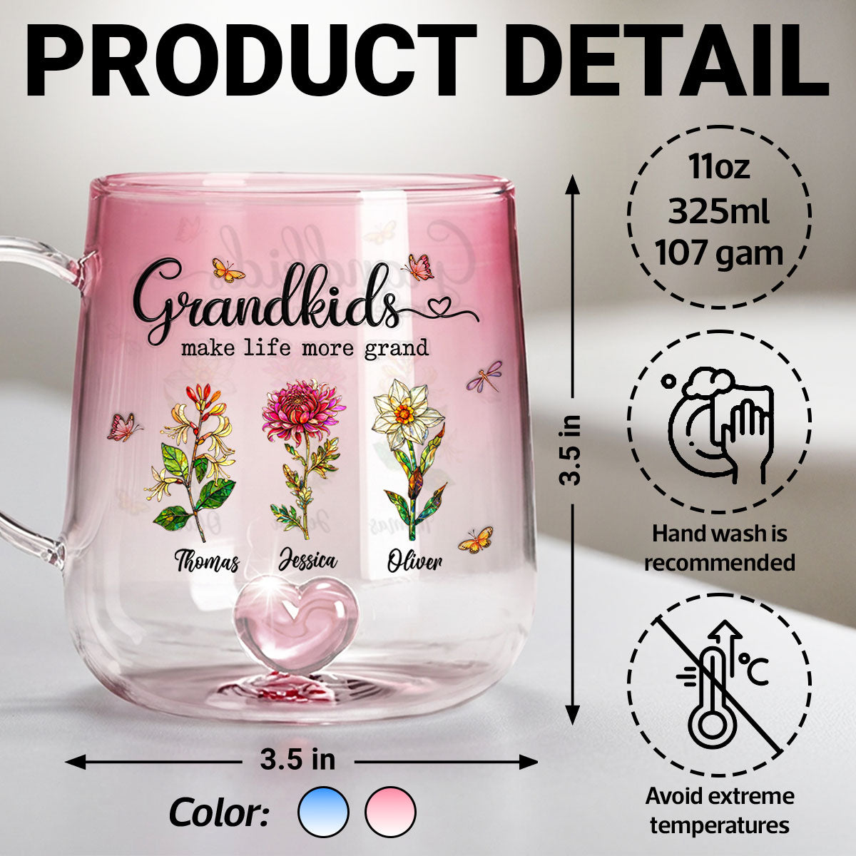 Grandkids Make Life More Grand Custom Birth Flower - Personalized Glass Mug - Heartfelt Mother's Day Gift for Grandma, Mom