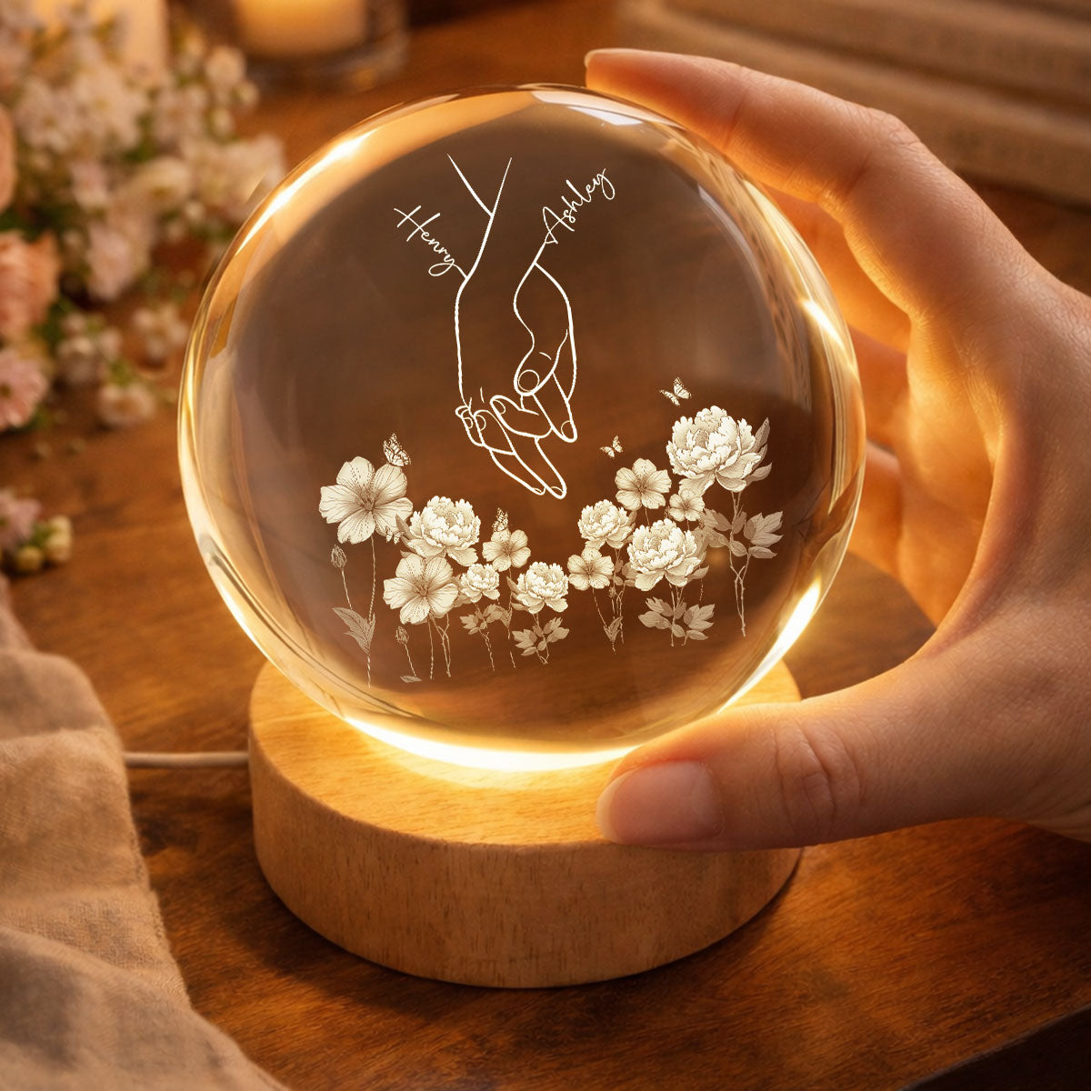 I Love You Couple Hand Print Birth Flower - Personalized Crystal Ball LED Night Light - Sentimental Gift for him, for her