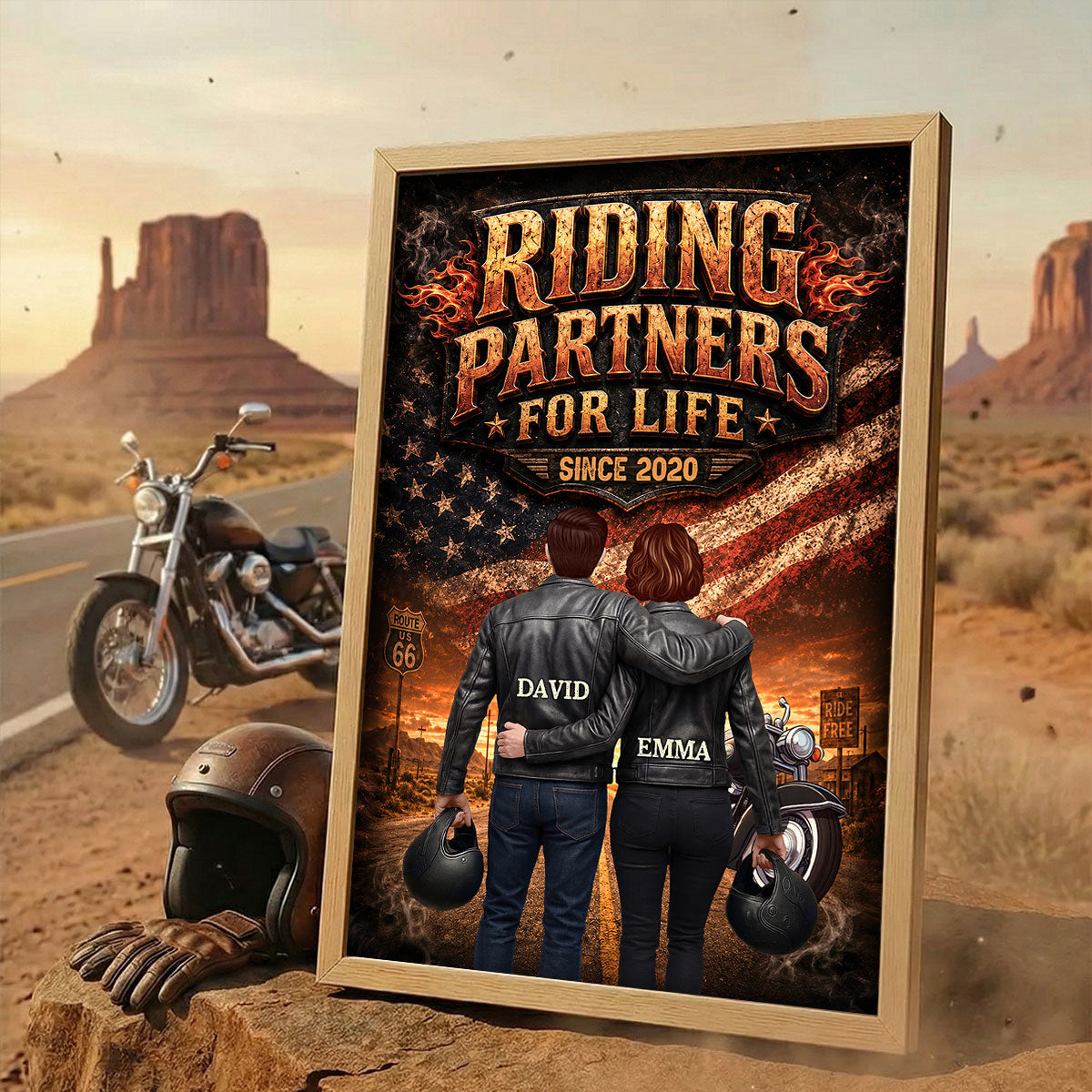 Bikers Couple Riding Partners for Life Nation Flag - Personalized Poster - Heartfelt Gift for Him, for Her