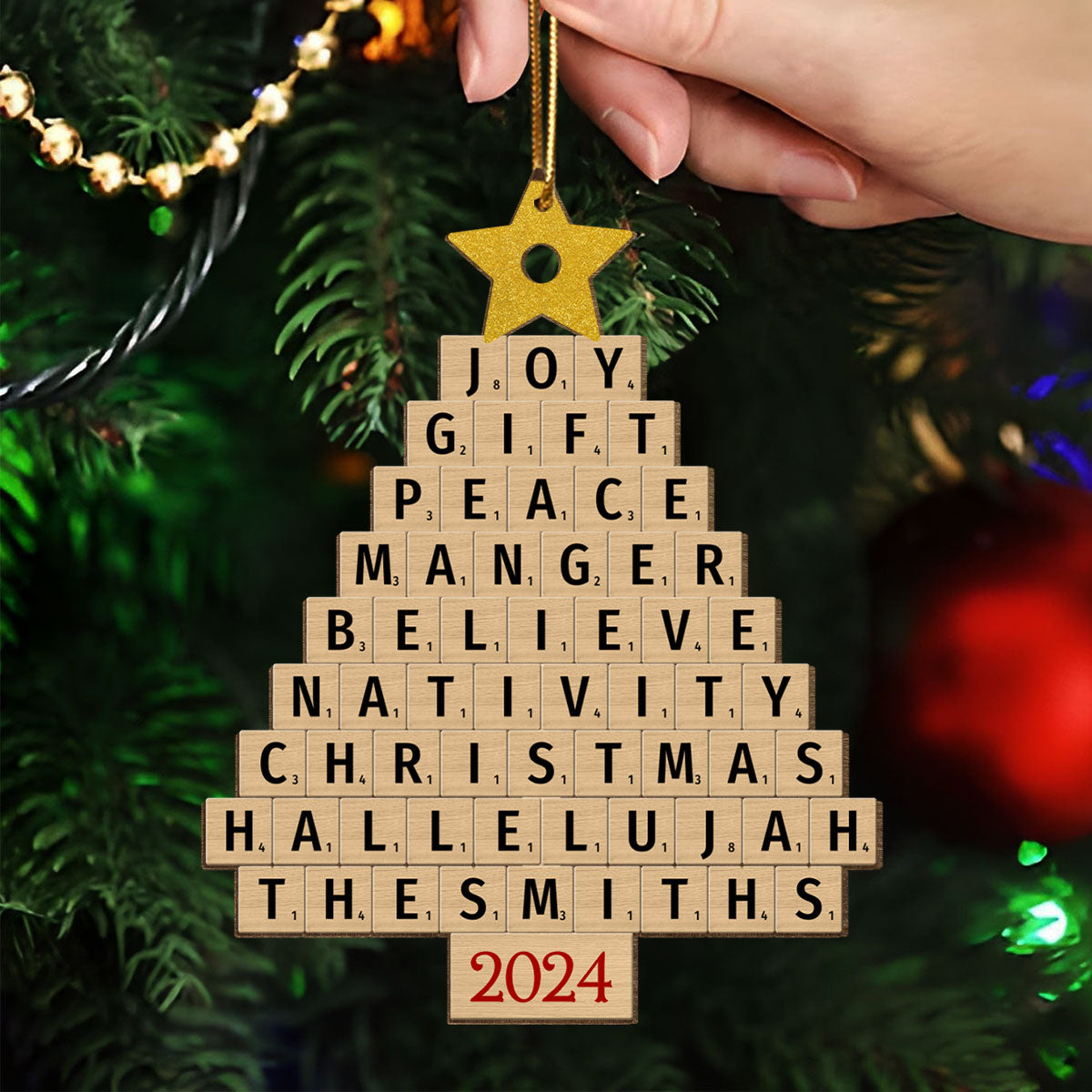 Joy Gift Peace Manger Scrabble Christmas Tree Personalized Wooden Ornament, Custom Family Name, Christmas Gift for Loved Ones