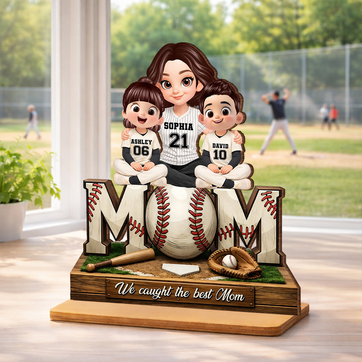 Baseball Mom and Kids We Caught the Best Mom - Personalized 2-Layered Wooden Plaque - Heartfelt Gift for Mom