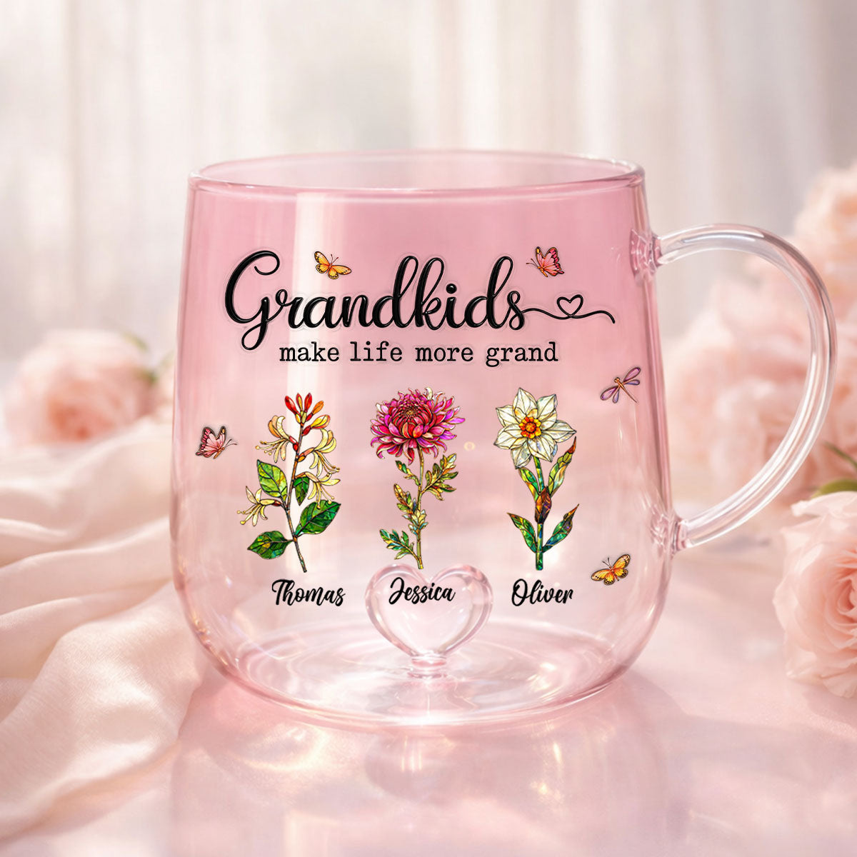 Grandkids Make Life More Grand Custom Birth Flower - Personalized Glass Mug - Heartfelt Mother's Day Gift for Grandma, Mom