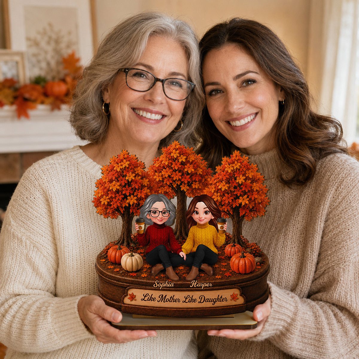 Mother Daughters Fall Season Forest 2D Flat - Personalized Wooden Plaque