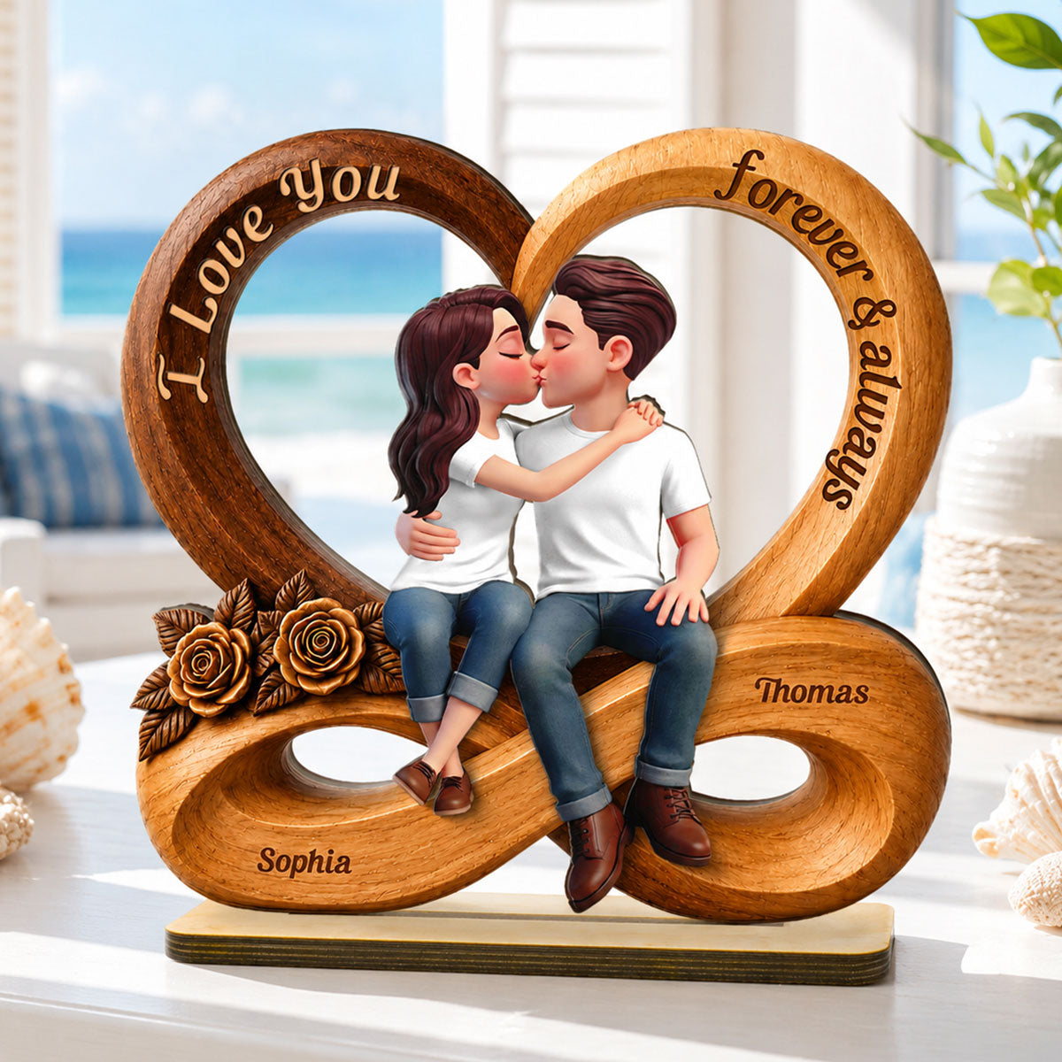 Couple Love You Forever & Always Infinity Heart - Personalized 2-Layered Wooden Plaque - Anniversary Gift For Couple, For Him, For Her